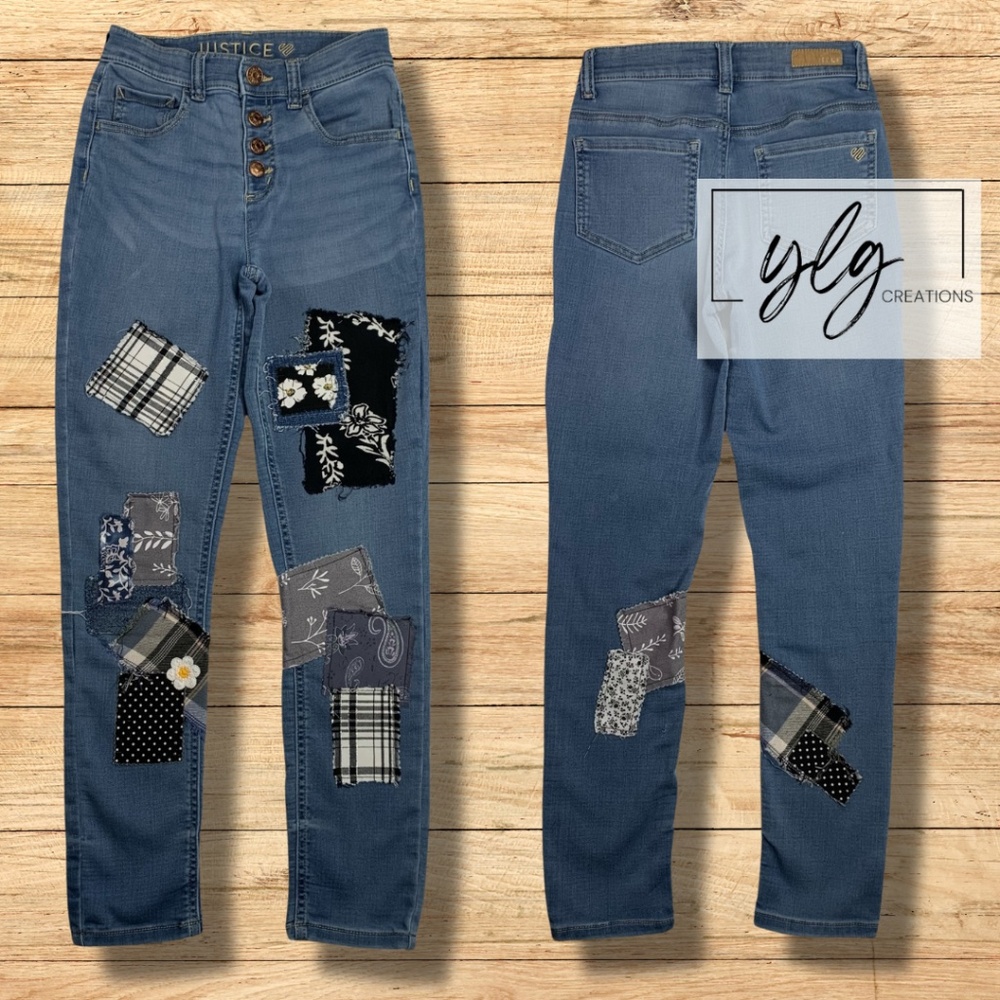 Justice Skinny Jeans Leggings Boho Patched Blue Black Plaid Girls Size 14